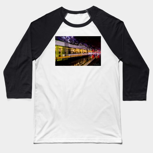 A Melbourne tram rushing past Southern Cross Railway Station Baseball T-Shirt by VickiWalsh